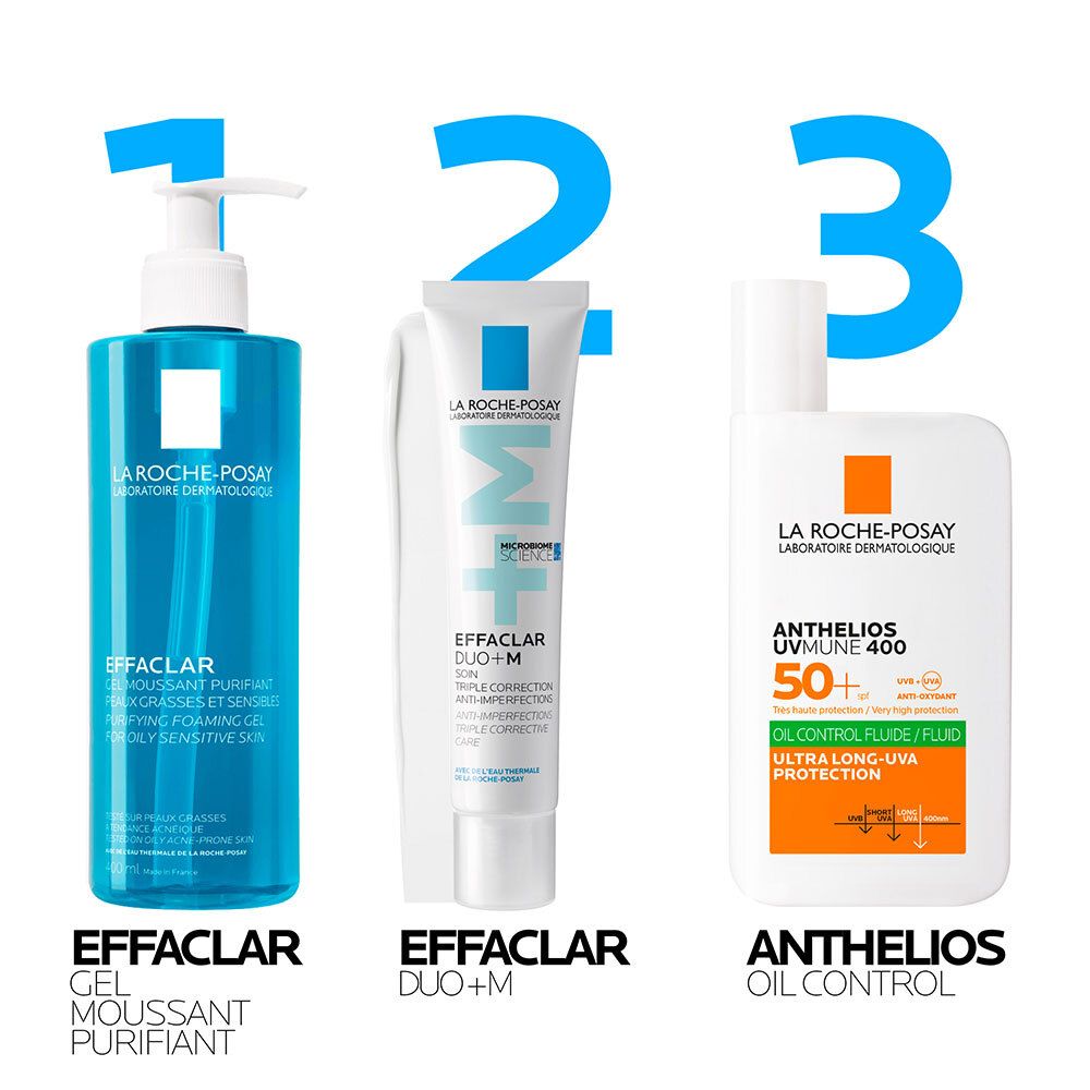 Drie producten. Tekst: Effaclar Gel, Effaclar Duo+M, Anthelios Oil Control. Merk La Roche-Posay.