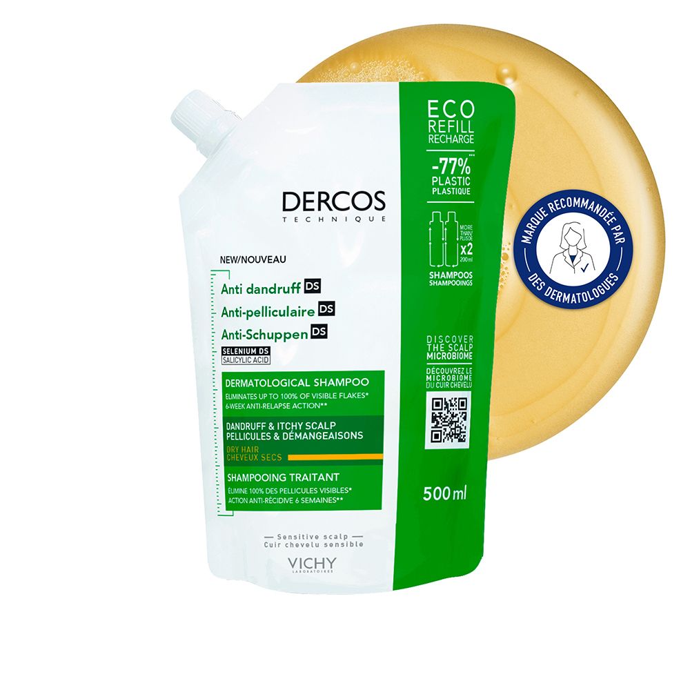 Recharge de shampooing Dercos Technique, étiquette verte et blanche. Texte: Anti-pelliculaire DS. 500ml. Sceau: Marque recommandée par les dermatologues. Liquide jaune.