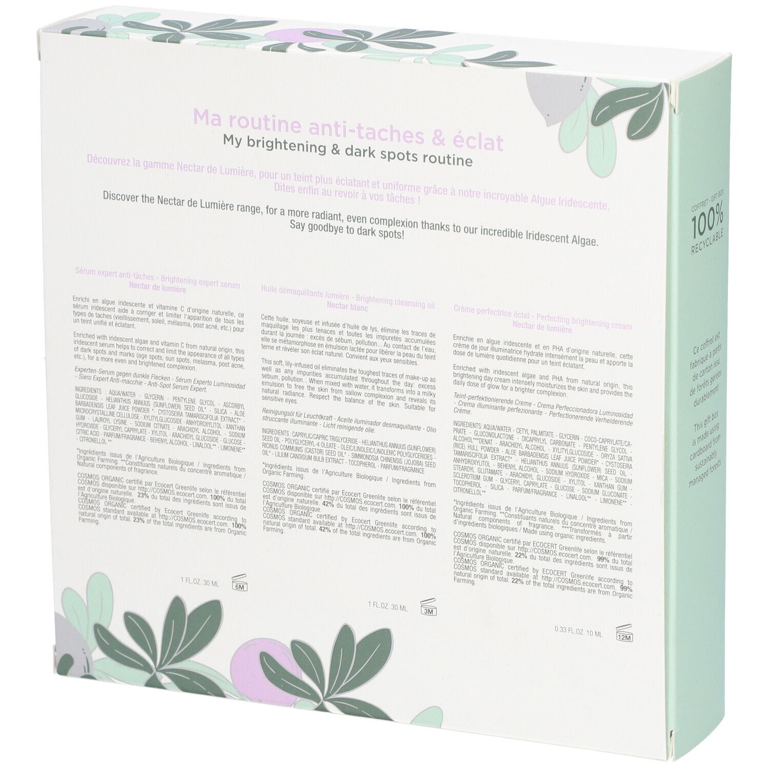Dos du coffret cadeau. Texte en plusieurs langues. Motif floral. Texte : 100% recyclable.