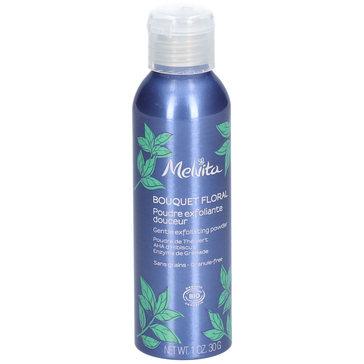 Flacon bleu métallisé avec bouchon blanc. Inscriptions : Melvita, Bouquet Floral, Poudre exfoliante douceur, label BIO.