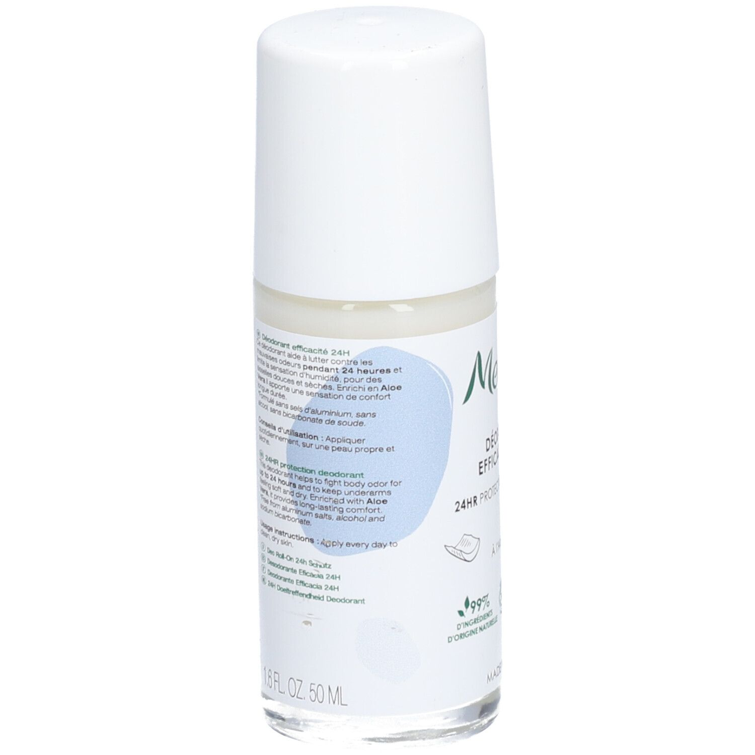 Dos du déodorant roll-on. Texte: Déodorant Efficacité 24H. Contient de l'Aloe Vera. 99% ingrédients naturels. Sans sels d'aluminium.