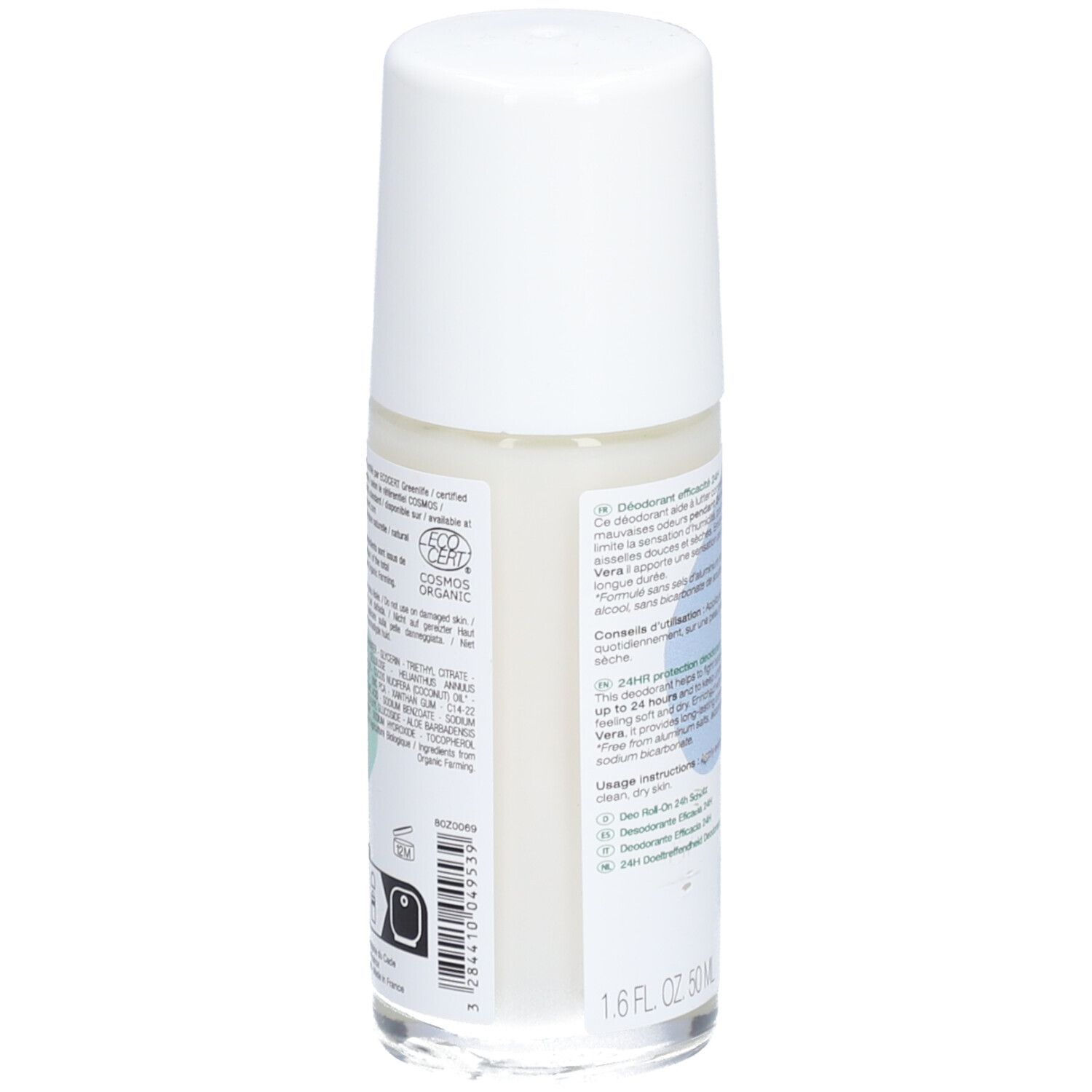 Dos du déodorant roll-on. Texte: Déodorant Efficacité 24H. Contient de l'Aloe Vera. Certification bio. Ingrédients et conseils d'utilisation.