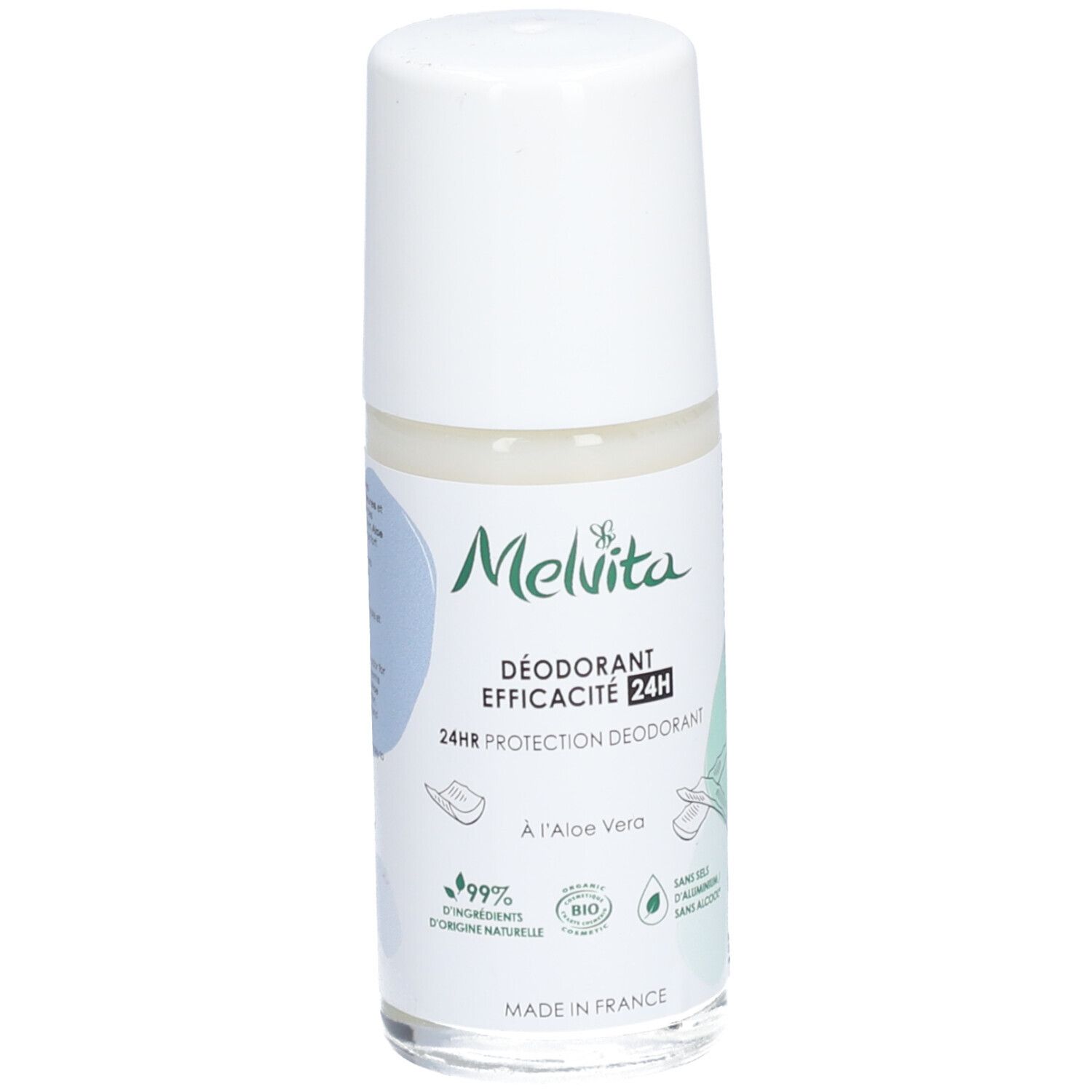 Déodorant roll-on blanc avec bouchon blanc. Inscription: Melvita, Déodorant Efficacité 24H. Contient de l'Aloe Vera. Label bio.