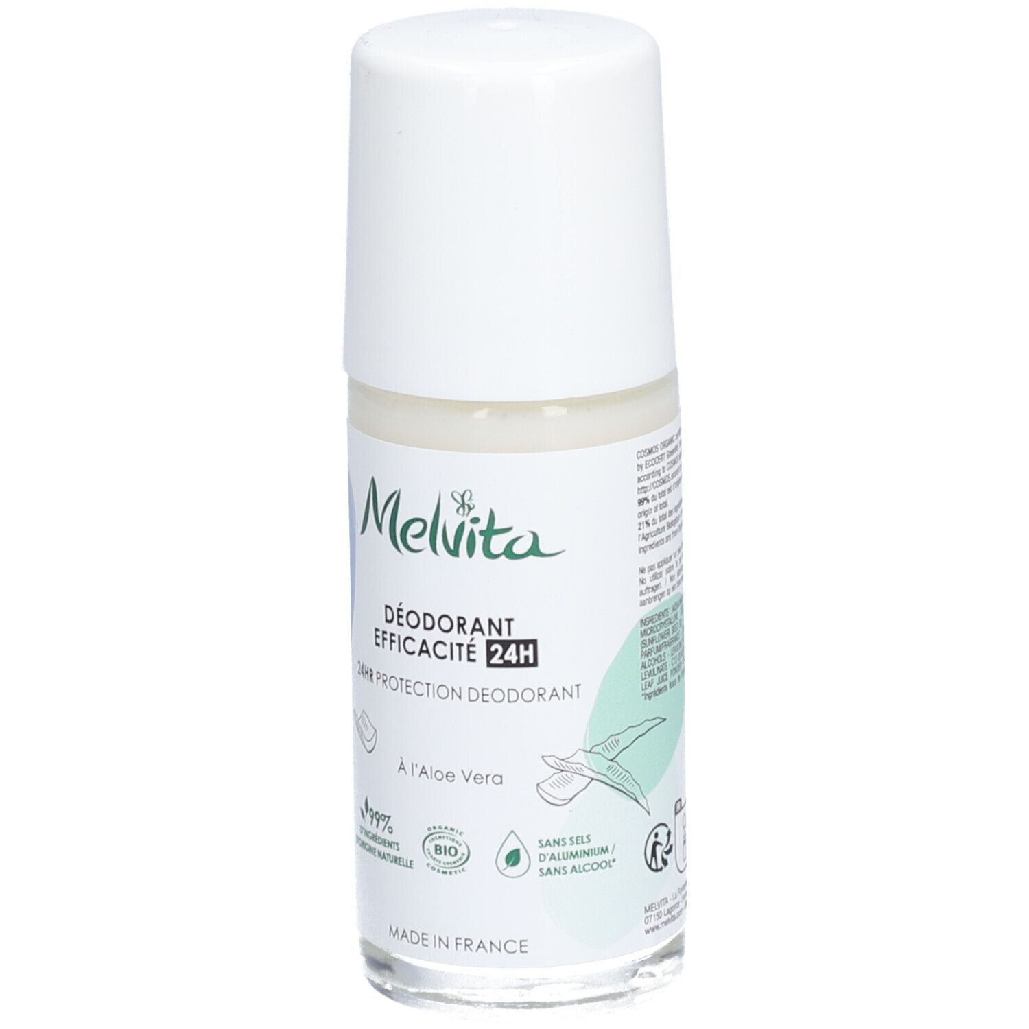 Déodorant roll-on blanc avec bouchon blanc. Inscription: Melvita, Déodorant Efficacité 24H. Contient de l'Aloe Vera. Label bio.