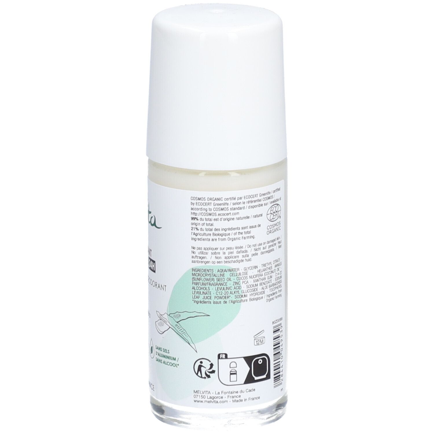 Dos du déodorant roll-on. Texte: Déodorant Efficacité 24H. Contient de l'Aloe Vera. Certification bio. Ingrédients et conseils d'utilisation.