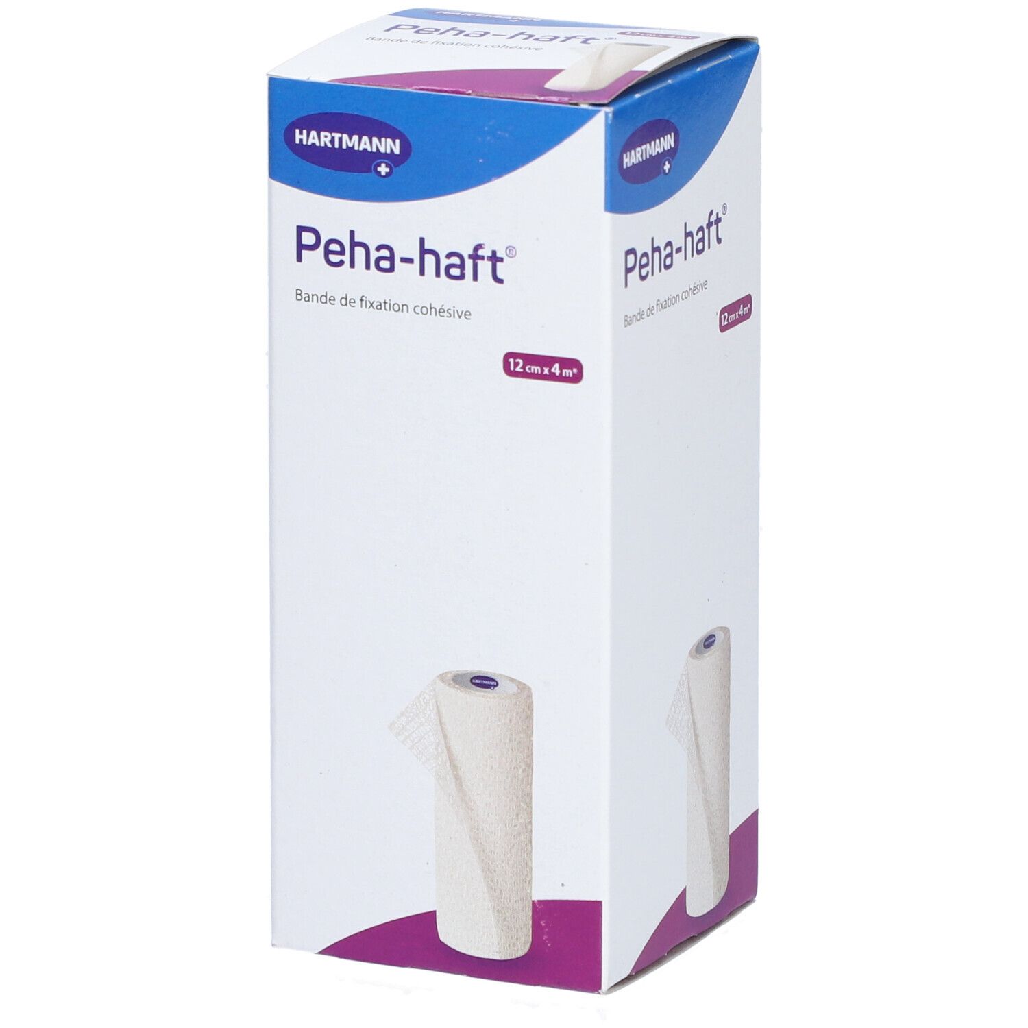Boîte de Peha-haft, bande de fixation cohésive. 12 cm x 4 m. Marque HARTMANN. Rouleau de bandage visible.