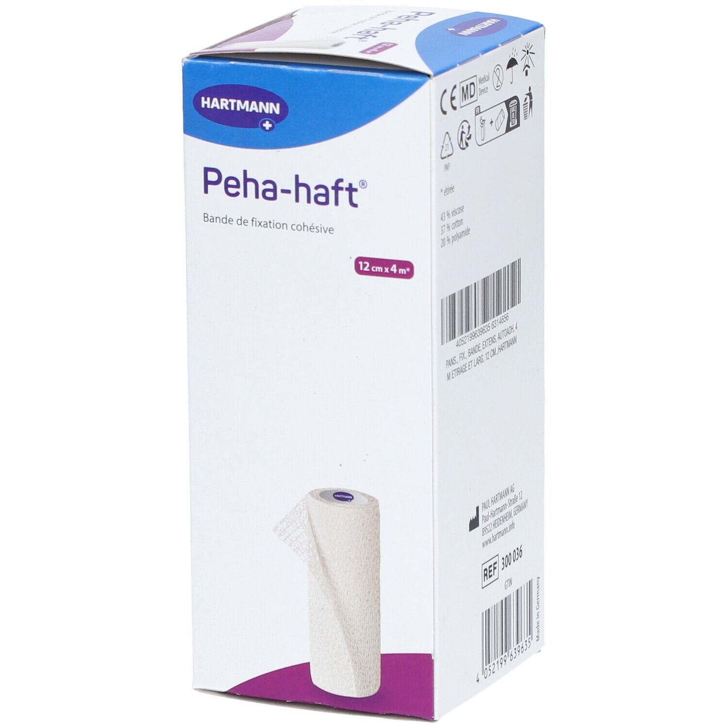 Boîte de Peha-haft, bande de fixation cohésive. 12 cm x 4 m. Marque HARTMANN. Rouleau de bandage visible.
