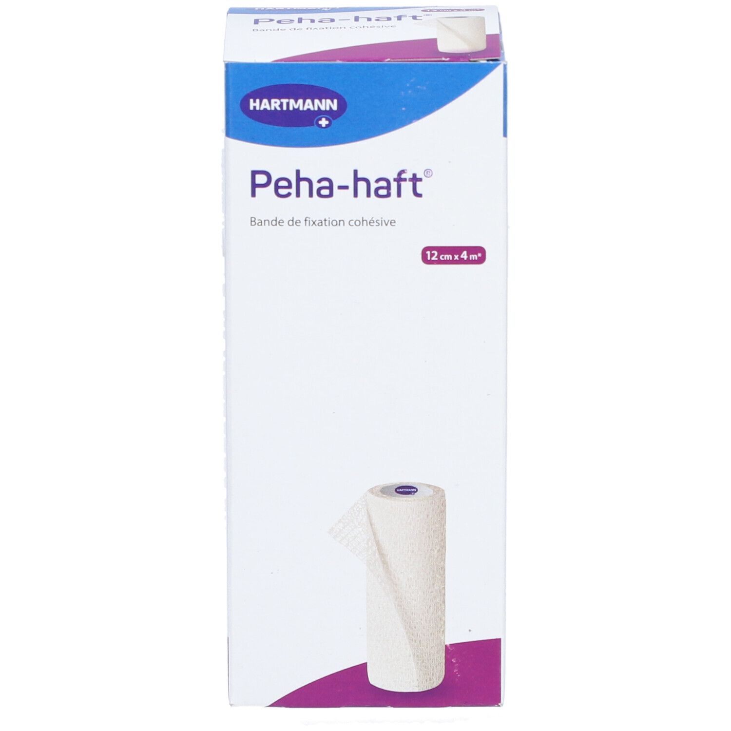 Boîte de Peha-haft, bande de fixation cohésive. 12 cm x 4 m. Marque HARTMANN. Rouleau de bandage visible.