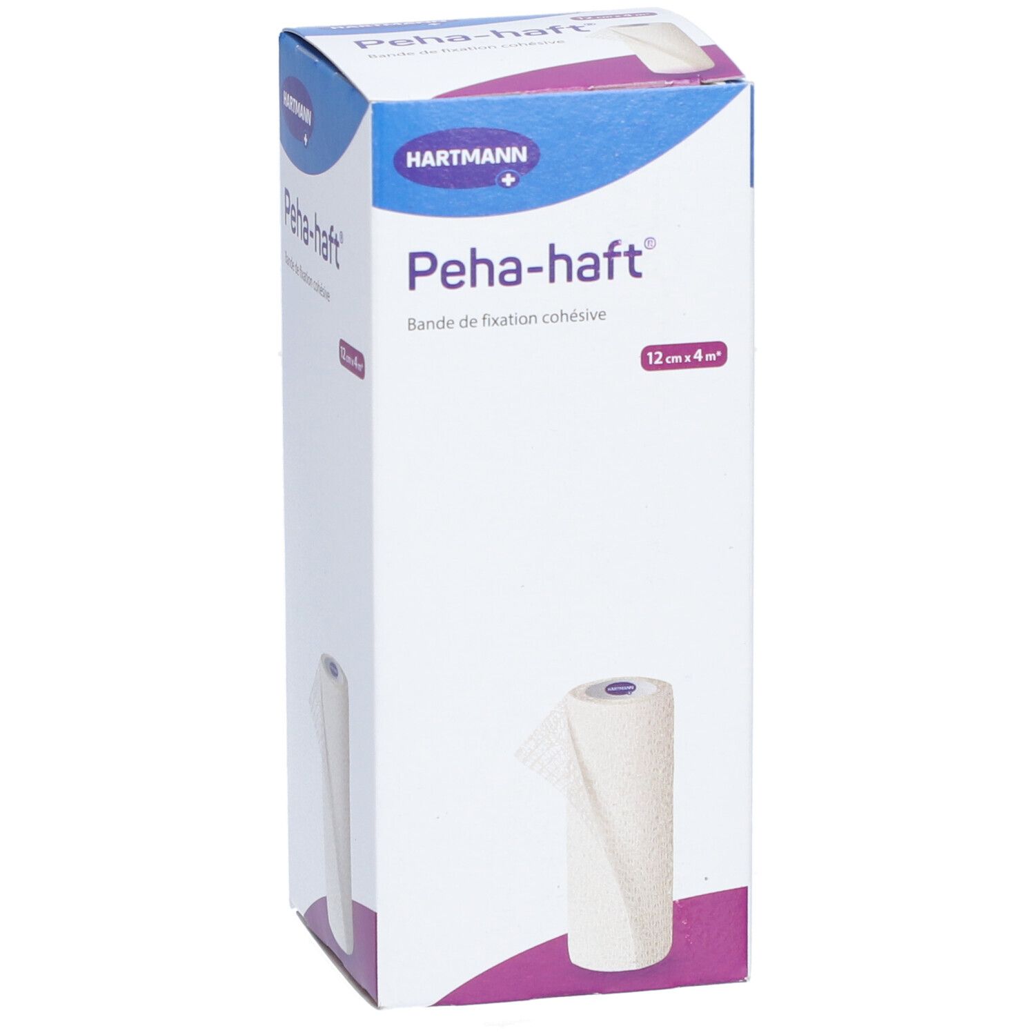 Boîte de Peha-haft, bande de fixation cohésive. 12 cm x 4 m. Marque HARTMANN. Rouleau de bandage visible.