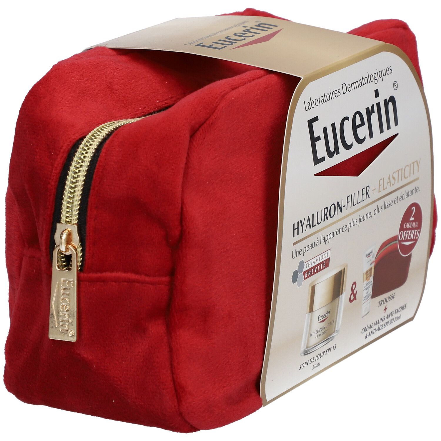 Trousse de toilette rouge avec fermeture éclair dorée. Logo Eucerin et noms de produits sur l'emballage. Deux produits inclus.