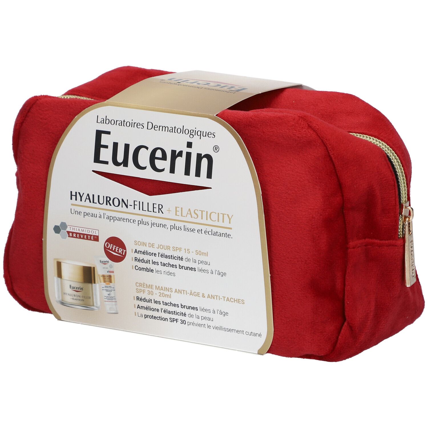 Trousse de toilette rouge avec emballage produit. Logo Eucerin et noms de produits visibles. Contient deux produits.