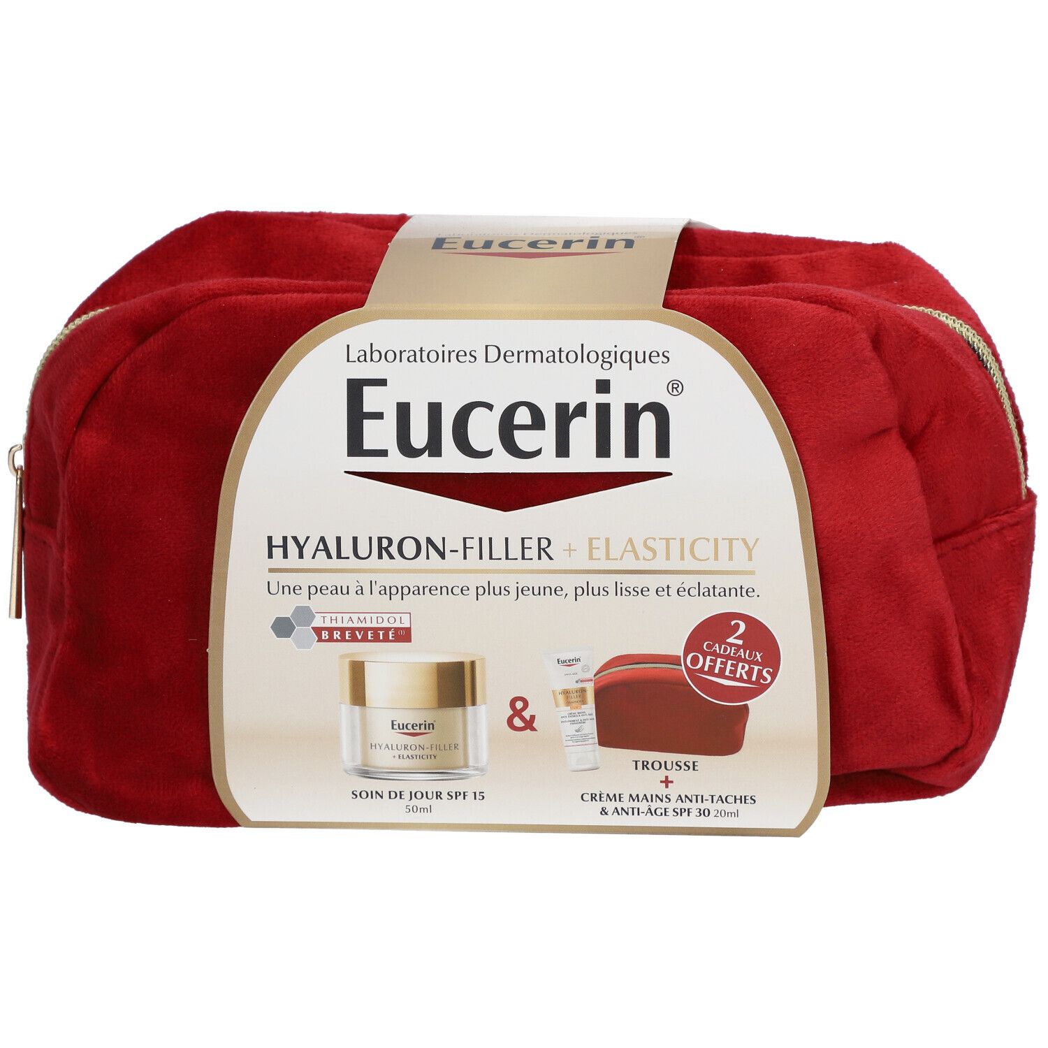 Trousse de toilette rouge avec emballage produit. Logo Eucerin et noms de produits visibles. Contient deux produits.