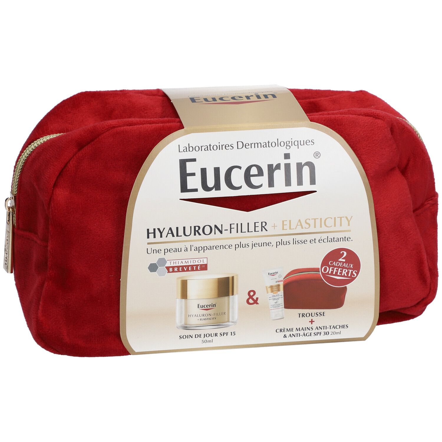 Trousse de toilette rouge avec emballage produit. Logo Eucerin et noms de produits visibles. Contient deux produits.