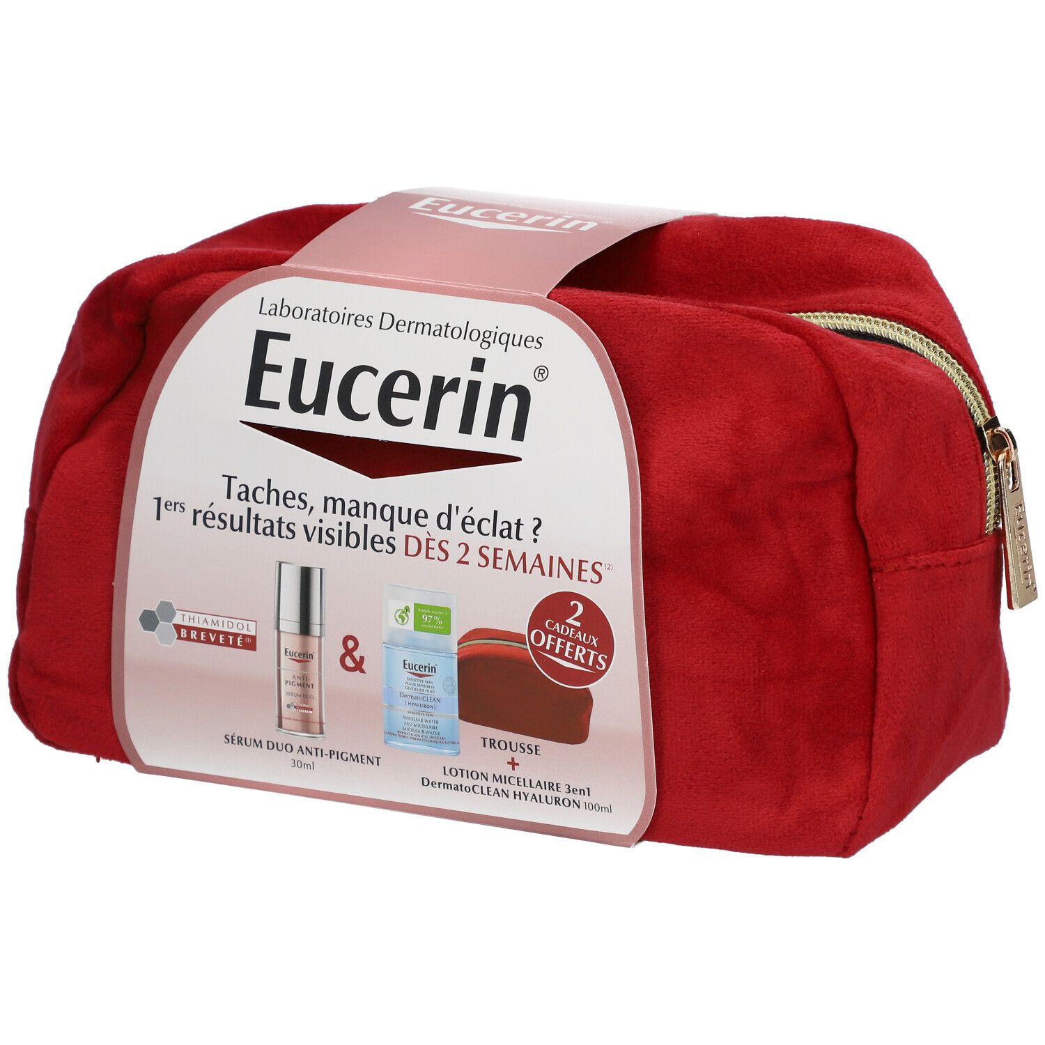 Rode Eucerin toilettas met logo en producten. Bevat Serum Duo Anti-Pigment en micellair water. 2 cadeaus.