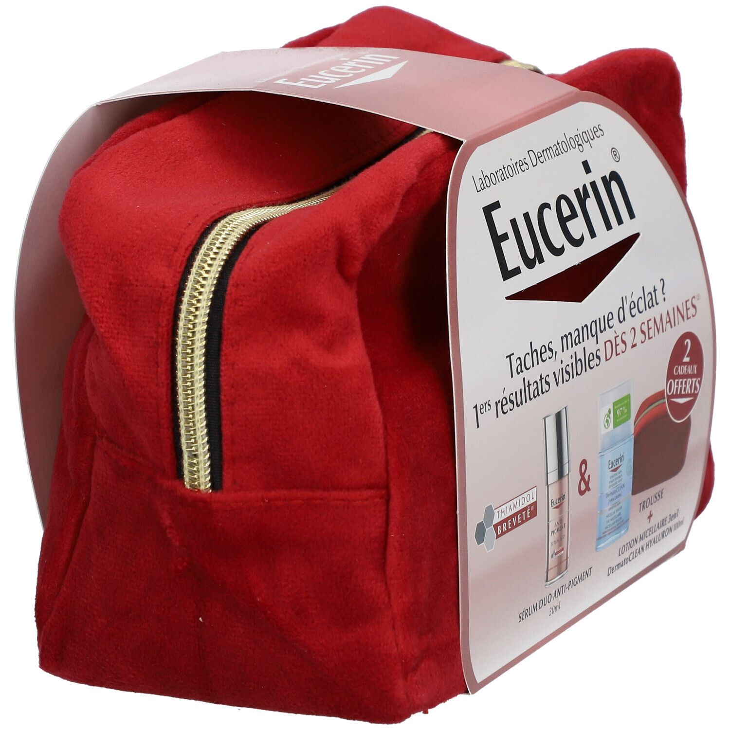 Rode Eucerin toilettas met gouden rits. Logo en producten zichtbaar. 2 cadeaus.