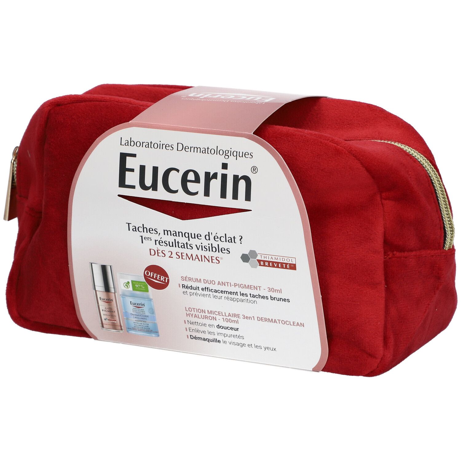 Rode Eucerin toilettas met logo en producten. Bevat Serum Duo Anti-Pigment en micellair water. 2 cadeaus.