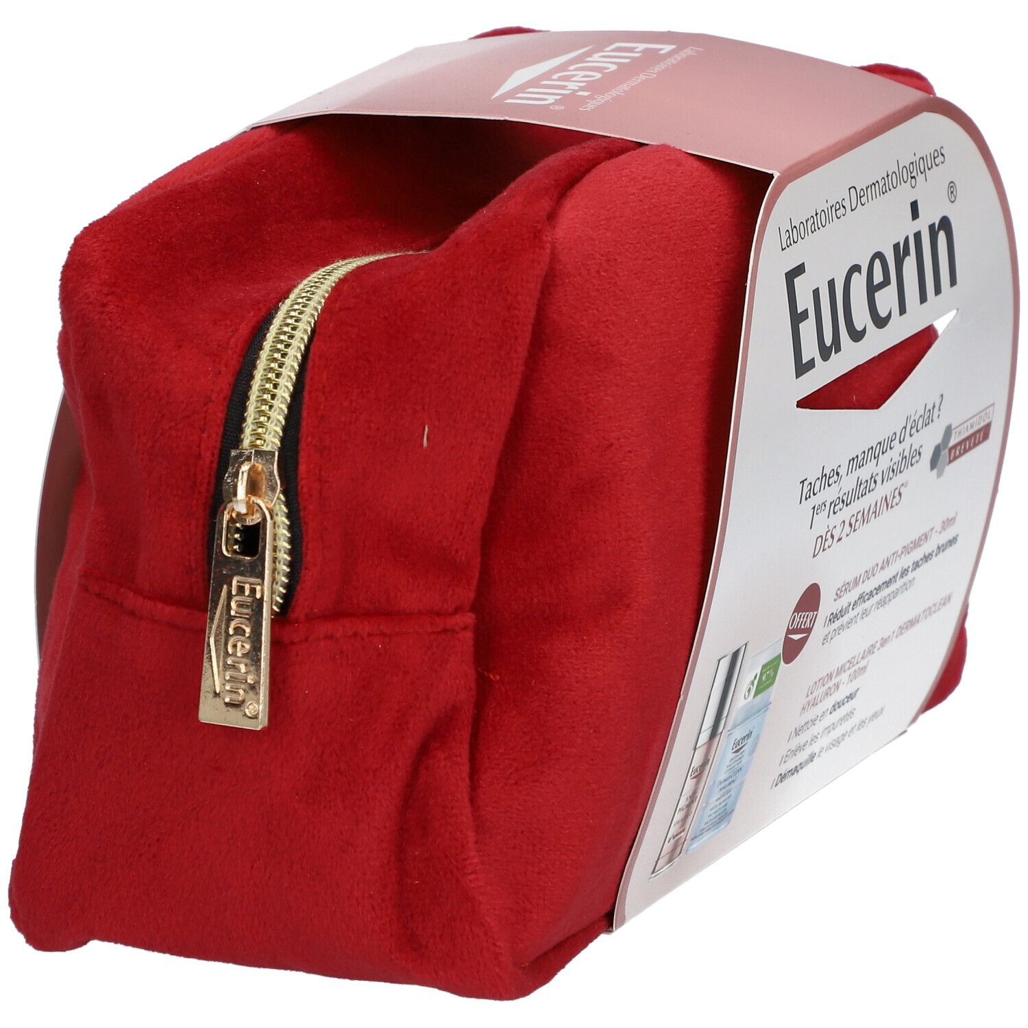 Rode Eucerin toilettas met gouden rits. Logo en producten zichtbaar. 2 cadeaus.