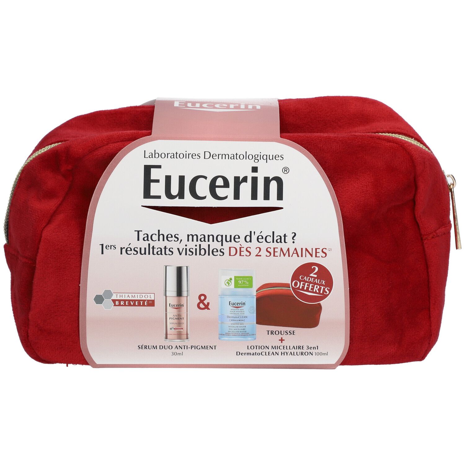 Rode Eucerin toilettas met logo en producten. Bevat Serum Duo Anti-Pigment en micellair water. 2 cadeaus.