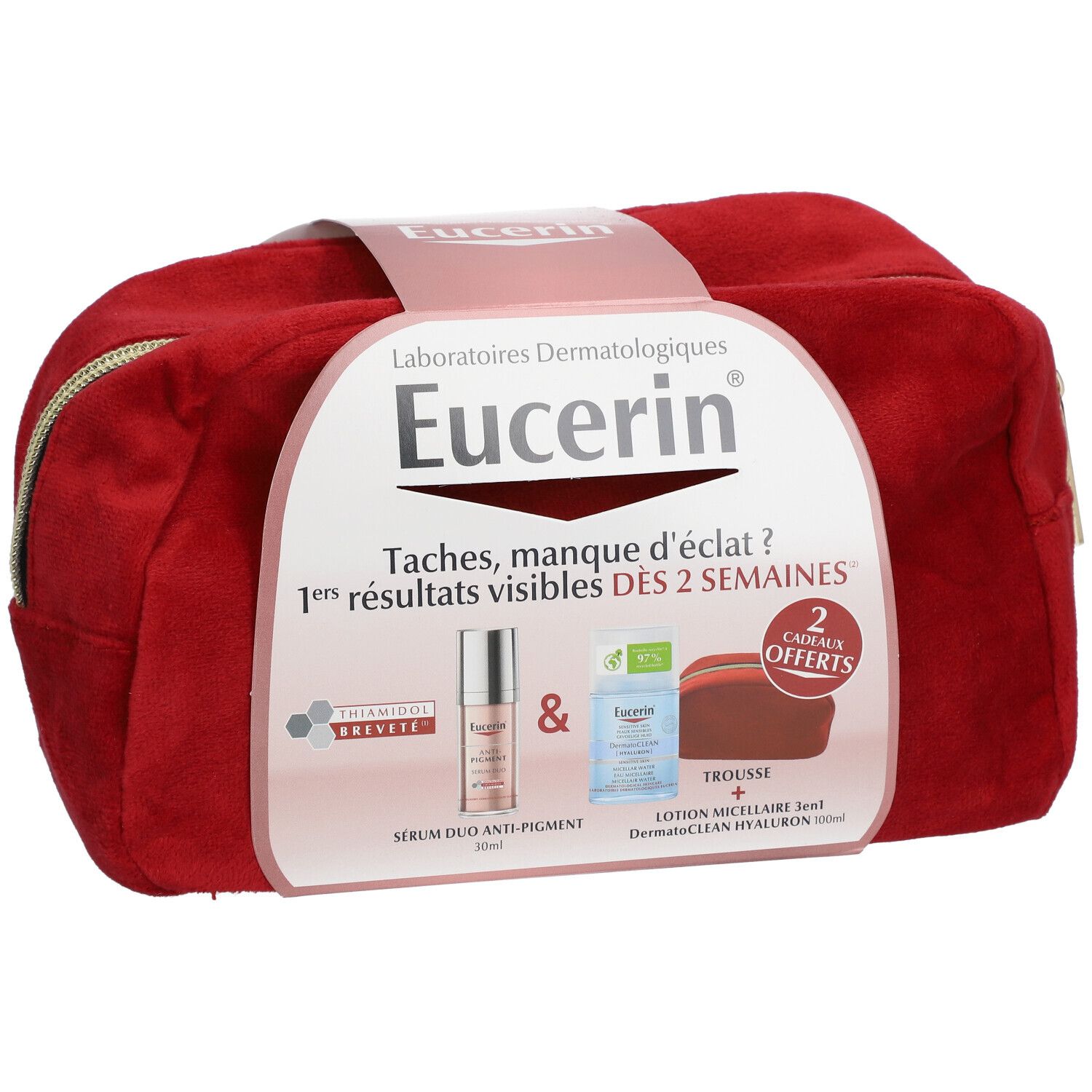 Rode Eucerin toilettas met logo en producten. Bevat Serum Duo Anti-Pigment en micellair water. 2 cadeaus.