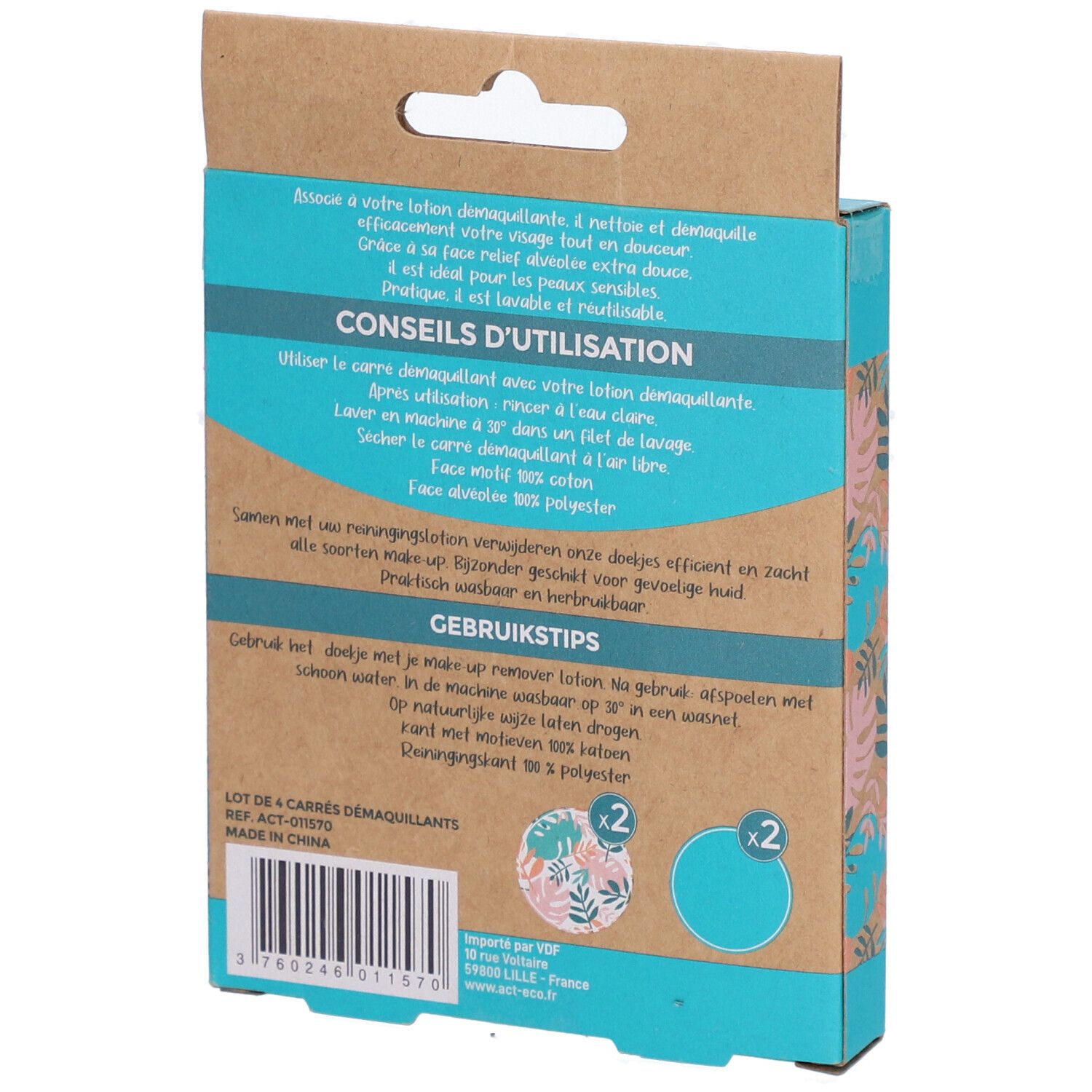 Dos de la boîte de carrés démaquillants lavables Act'Eco. Instructions d'utilisation multilingues.