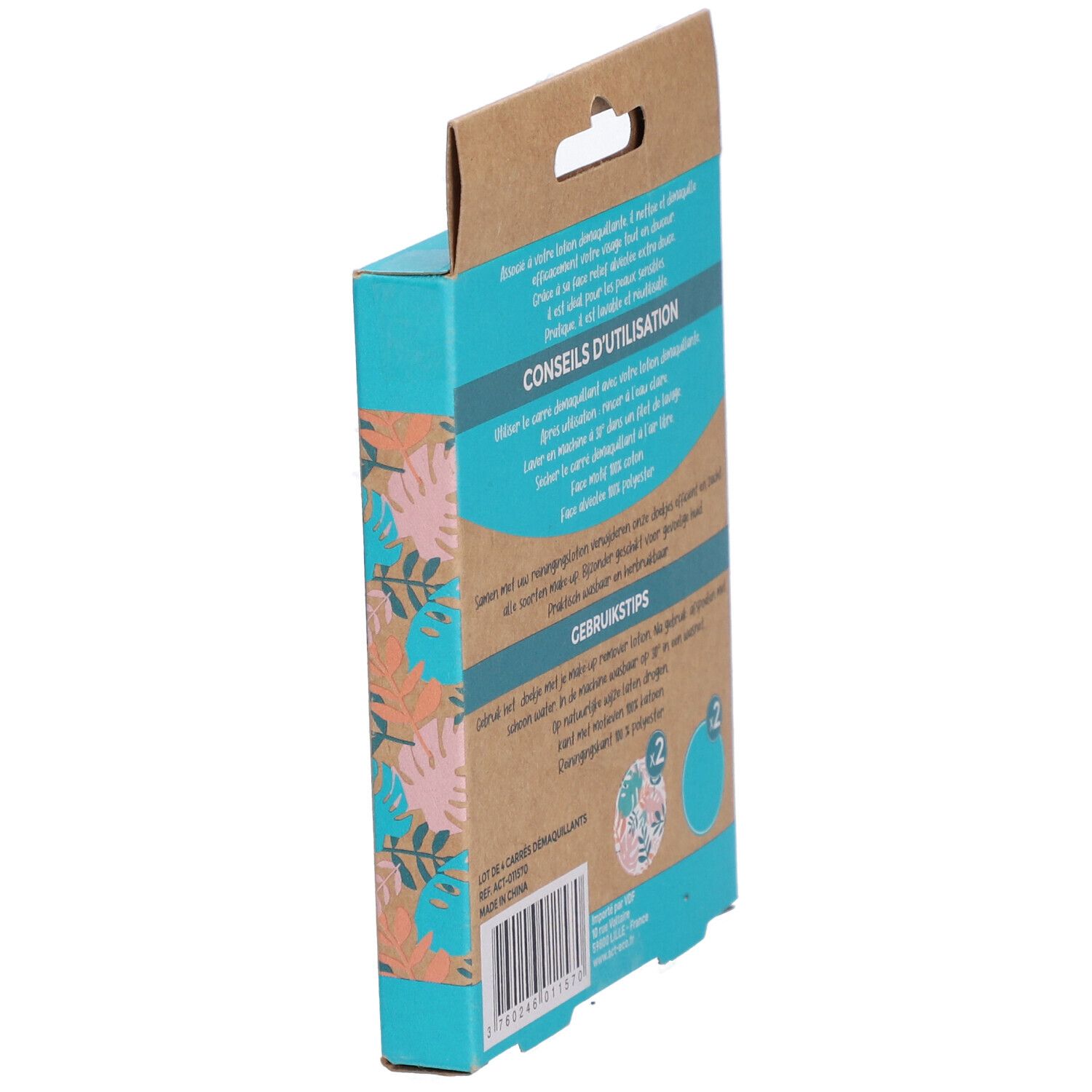 Vue latérale de la boîte de carrés démaquillants lavables Act'Eco. Instructions d'utilisation au dos.