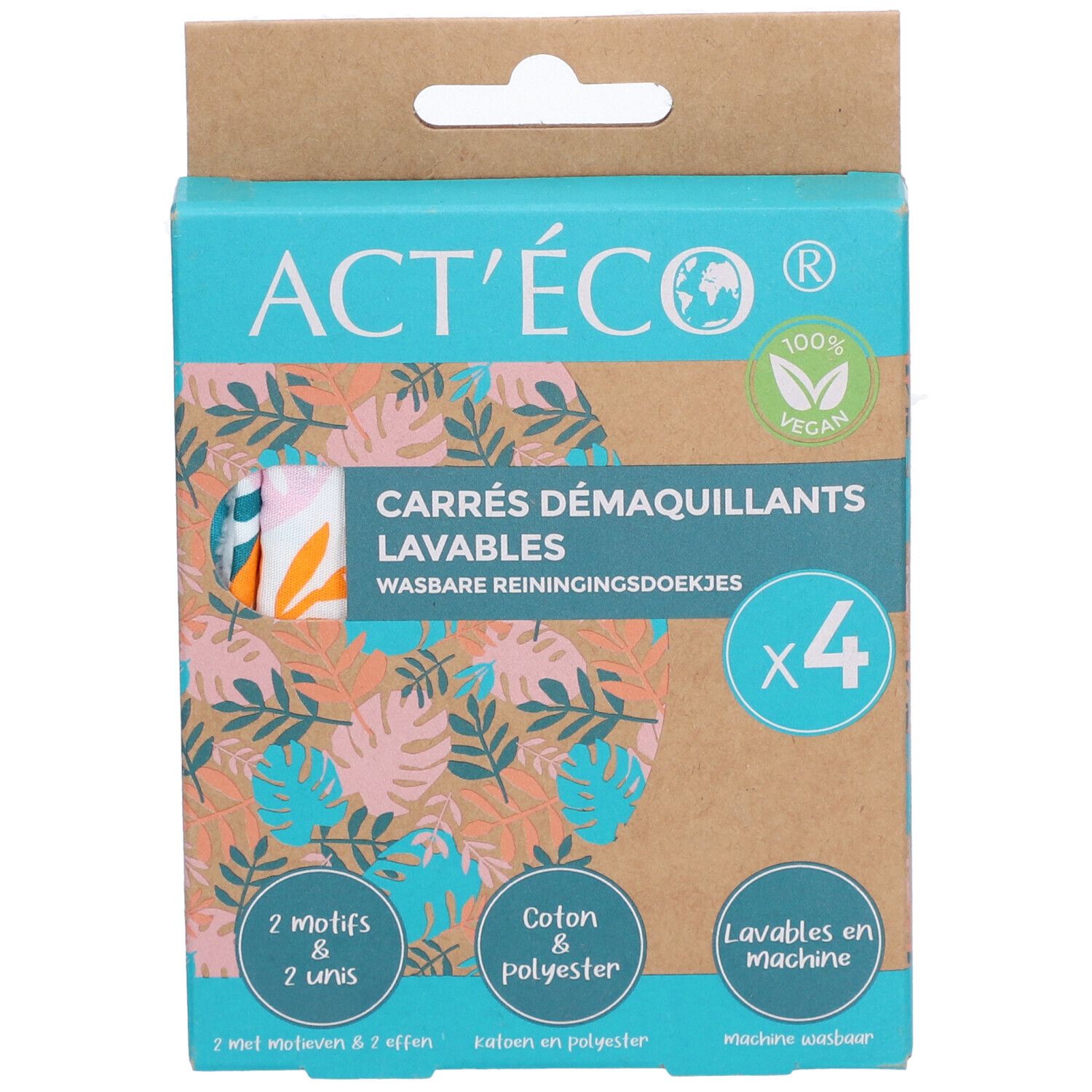 Boîte de carrés démaquillants lavables Act'Eco. 4 pièces, coton & polyester, lavables en machine. Certification vegan.