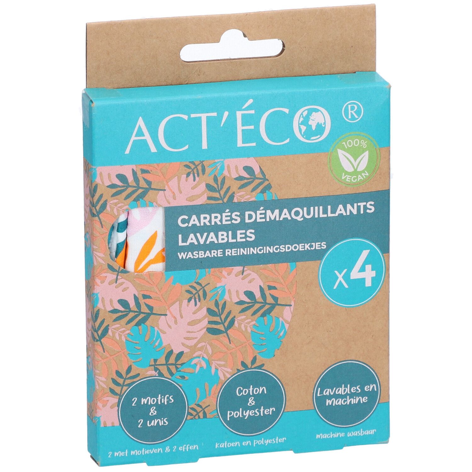 Boîte de carrés démaquillants lavables Act'Eco. 4 pièces, coton & polyester, lavables en machine. Certification vegan.