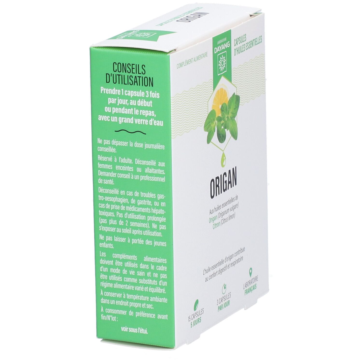 Boîte avec logo DAYANG et texte « ORIGAN ». Impression avec conseils d'utilisation et logo « Laboratoire Français ».