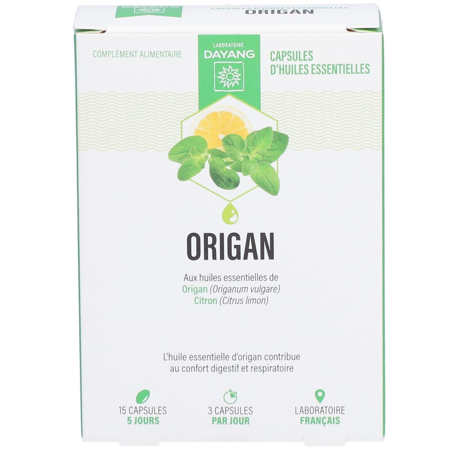 Boîte blanche et verte avec logo DAYANG et texte « ORIGAN ». Contient des gélules d'huiles essentielles.