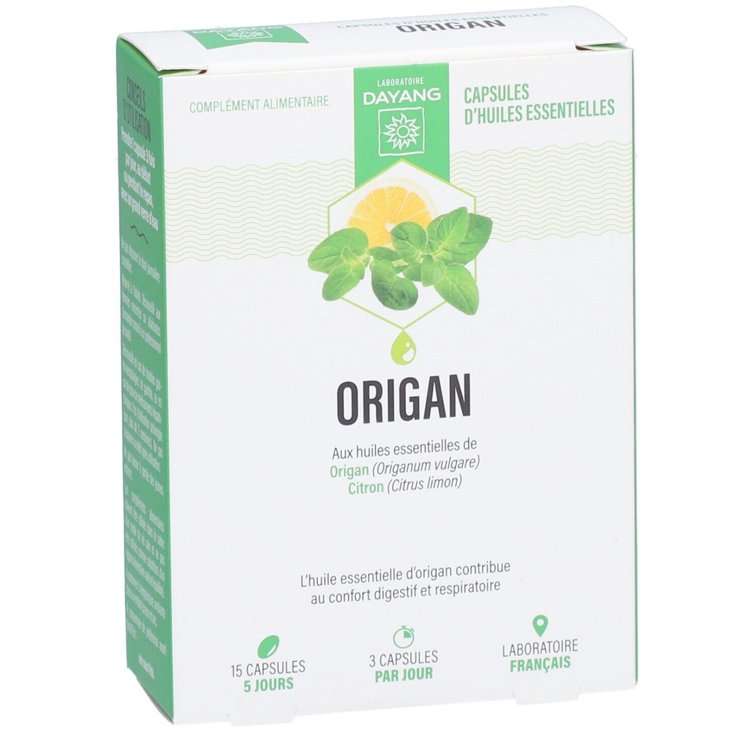 Boîte blanche et verte avec logo DAYANG et texte « ORIGAN ». Contient des gélules d'huiles essentielles.