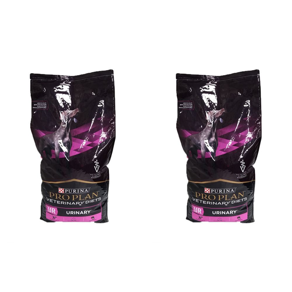 Deux sacs noirs PURINA PRO PLAN VETERINARY DIETS. Image d'un chien. Texte: URINARY. Logo vétérinaire.