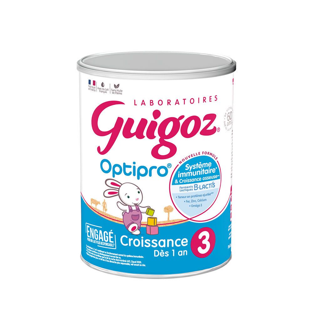Boîte de lait Guigoz Optipro Croissance 3. Logo, lapin et texte. Pour enfants dès 1 an.