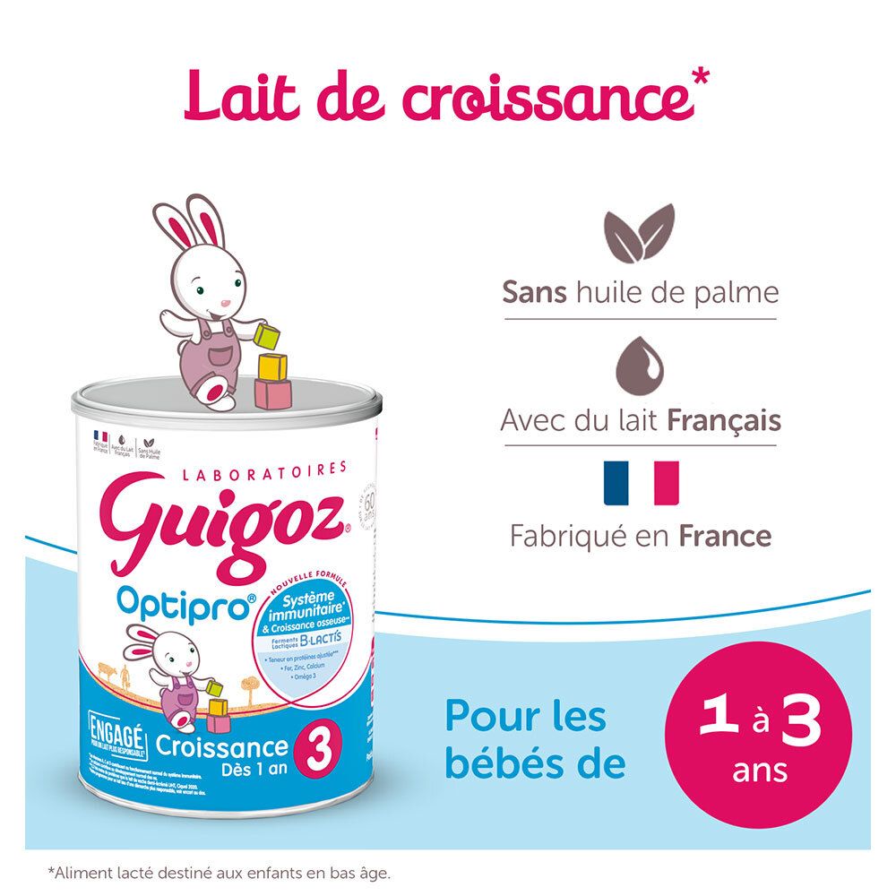Guigoz Optipro Croissance 3. Sans huile de palme, avec du lait français. Pour bébés de 1 à 3 ans.