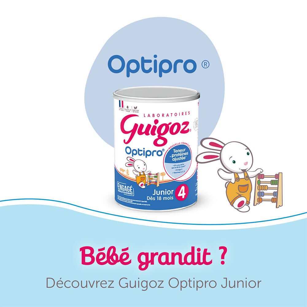 Lait Guigoz Optipro Junior 4. Boîte avec logo et lapin. Pour enfants dès 18 mois.