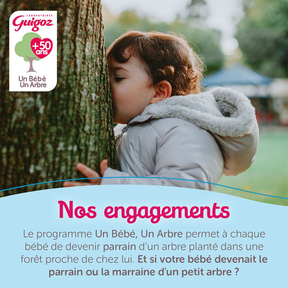 Enfant embrassant un arbre. Texte : Un Bébé, Un Arbre. Engagement environnemental. Logo Guigoz.