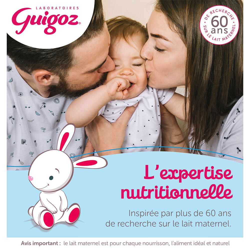 Parents embrassant bébé. Texte : L'expertise nutritionnelle. Logo Guigoz. 60 ans de recherche.
