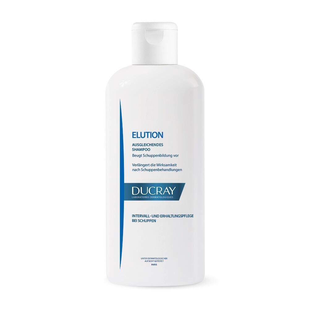 Weiße Flasche mit blauem Streifen und Text. DUCRAY Elution Shampoo. Aufschrift: Ausgleichendes Shampoo.