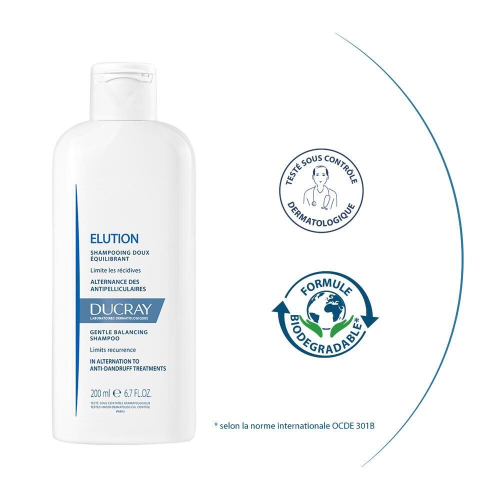 Weiße Flasche mit Logos. DUCRAY Elution Shampoo. Text: Shampooing doux équilibrant. Dermatologisch getestet. Biologisch abbaubar.