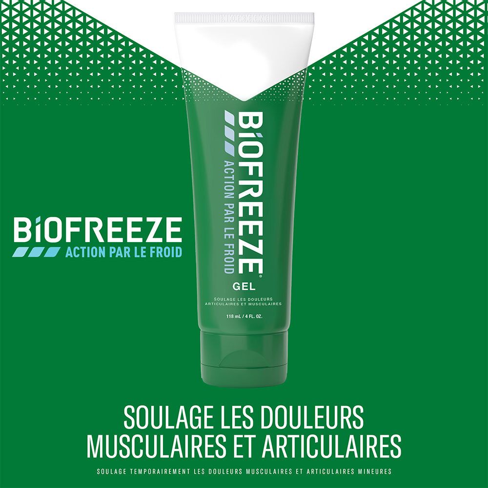 Tube vert avec bouchon blanc. Inscription "Biofreeze Action par le Froid Gel".
