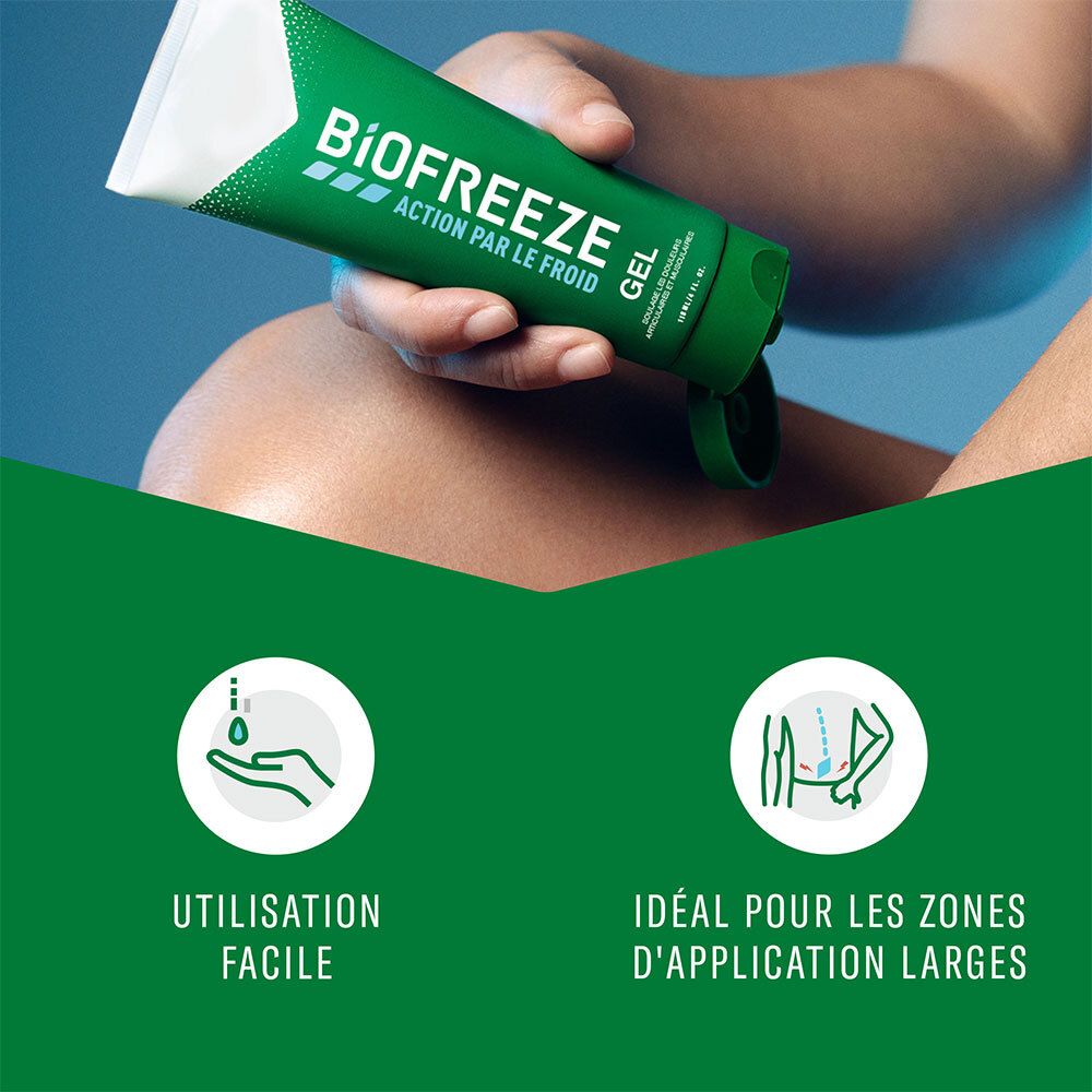 Tube vert avec bouchon blanc. Textes : "Utilisation facile" et "Idéal pour les zones d'application larges".