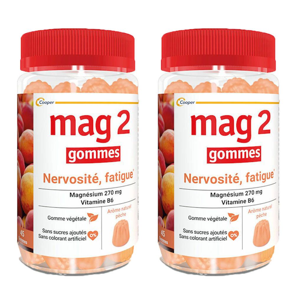 MAG 2 Gommes Pêches, Complément alimentaire à base de Magnésium et Vitamine B6 - Boîte de 45 gommes