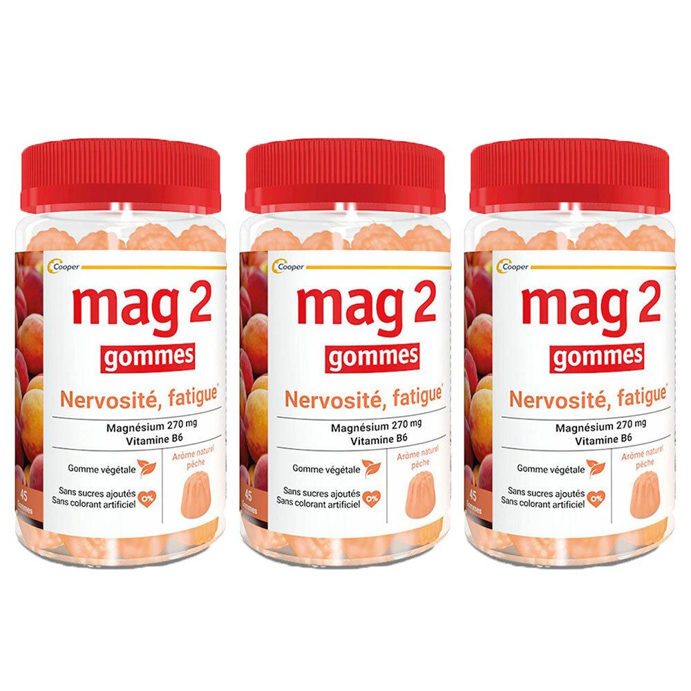MAG 2 Gommes Pêches, Complément alimentaire à base de Magnésium et Vitamine B6 - 3 Boîtes de 45 gommes