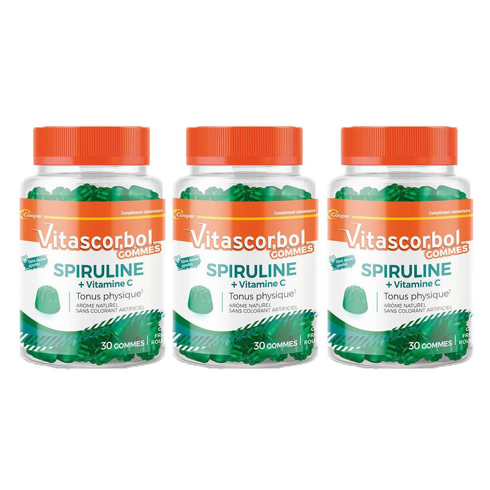 Vitascorbol Gommes Spiruline - Complément alimentaire à base de spiruline - 3 Boîtes de 30 gommes