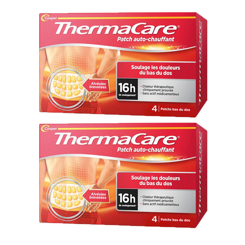 Deux boîtes rouges de patchs "ThermaCare". Inscriptions : "Patch auto-chauffant", "Soulage les douleurs du bas du dos", 16h, 4 patchs.