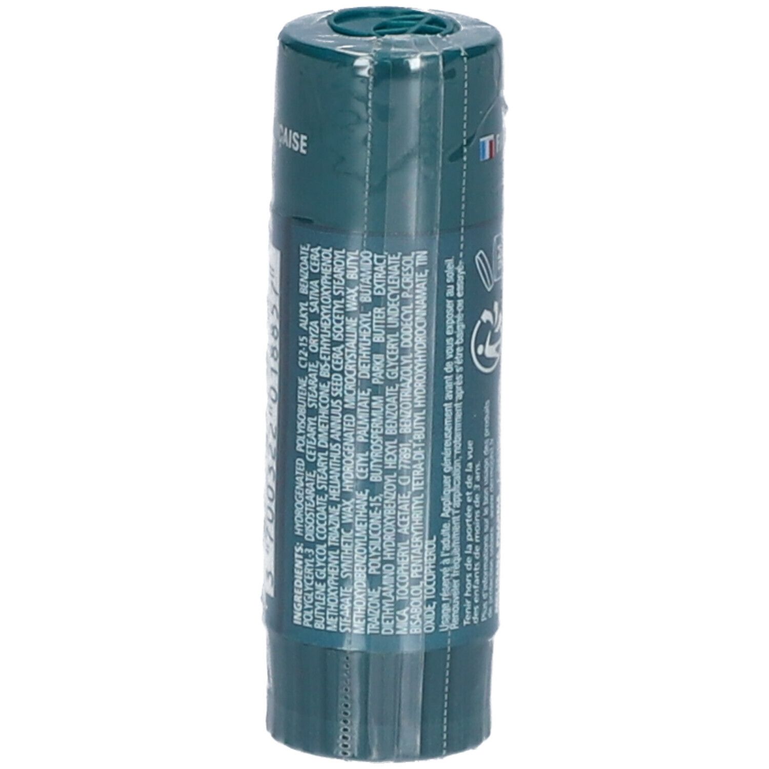 Stick lèvres Dermophil. Emballage vert avec liste des ingrédients et logo.