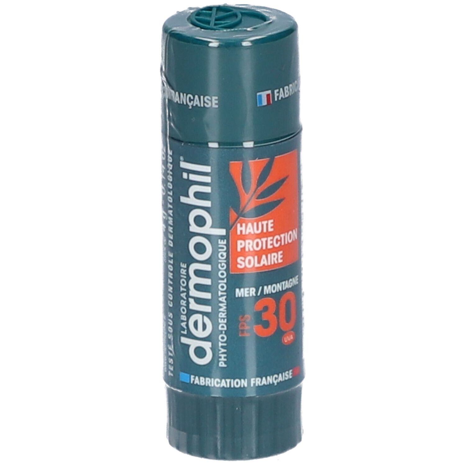 Stick lèvres Dermophil, protection solaire SPF 30. Emballage vert avec informations produit et logo.