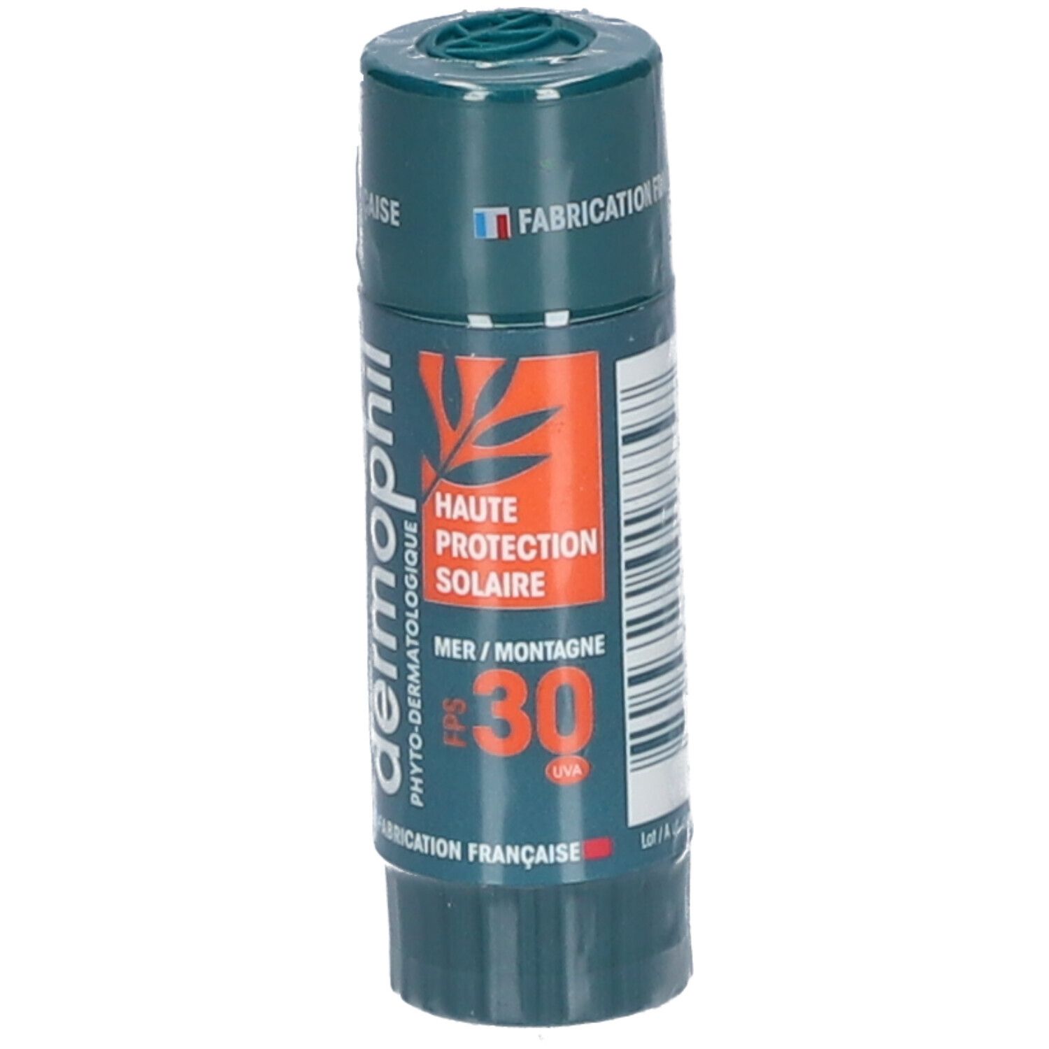 Stick lèvres Dermophil, protection solaire SPF 30. Emballage vert avec informations produit et logo.