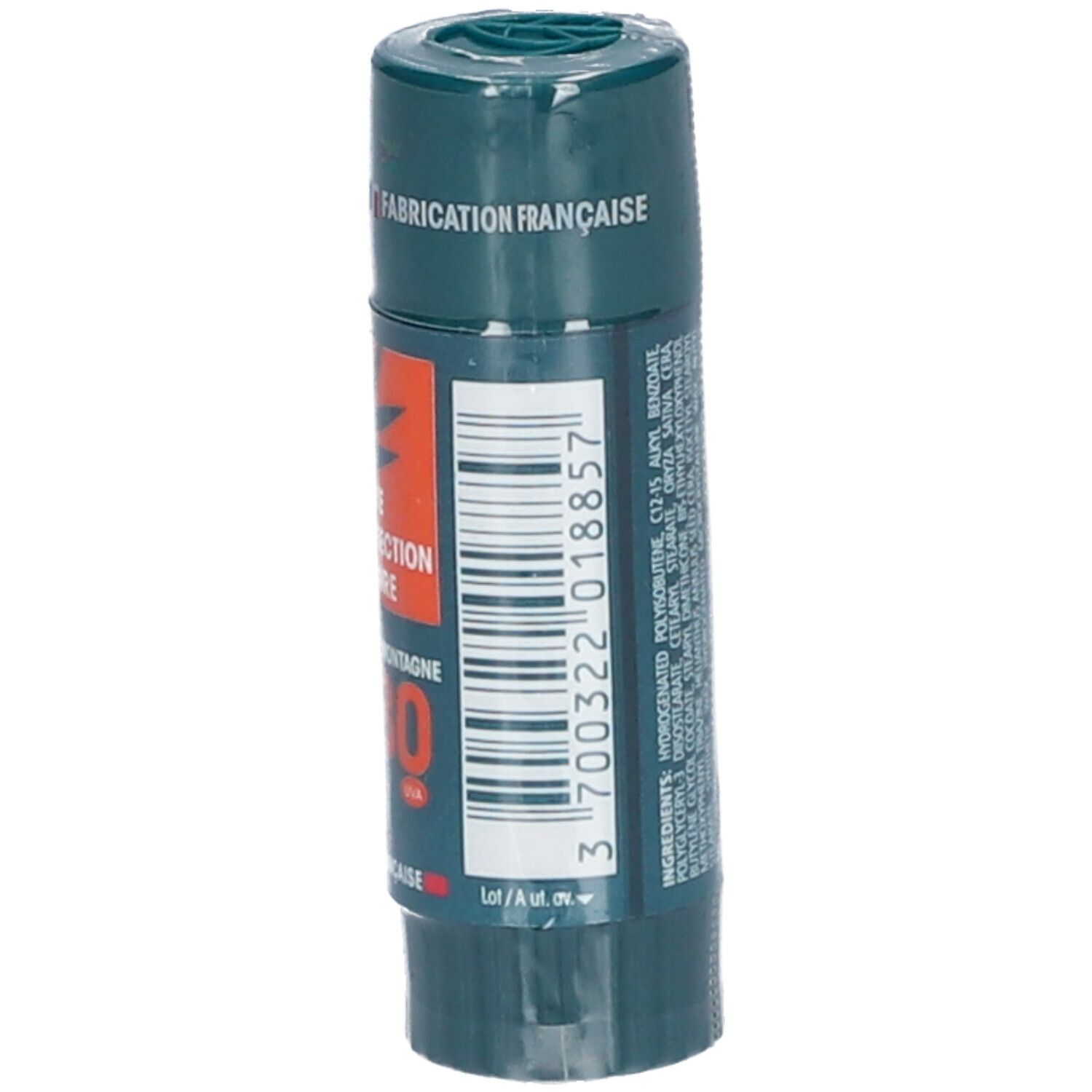 Stick lèvres Dermophil, protection solaire SPF 30. Emballage vert avec informations produit et logo.