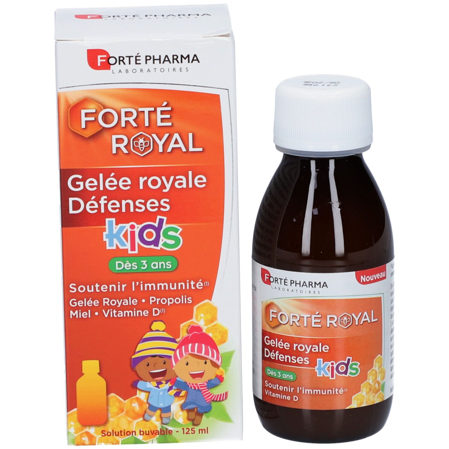 Forté Royal Gelée Royale Défense Kids. Flacon et emballage. Emballage orange avec nom du produit et illustrations. Bouteille avec bouchon blanc.