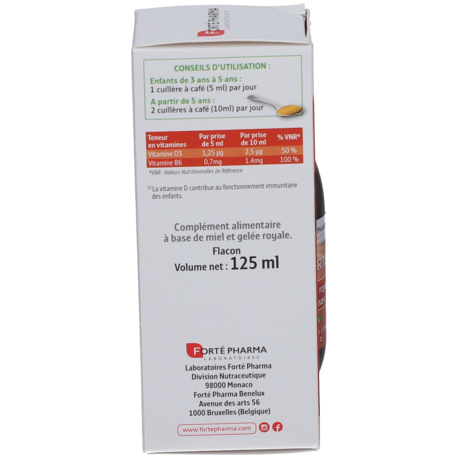 Dos de l'emballage de Forté Royal Gelée Royale Défense Kids. Contient des informations sur les ingrédients, le dosage et la valeur nutritionnelle. Bouteille à côté.